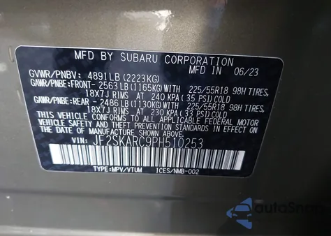 2023 Subaru Forester Touring z USA, uszkodzony, nr VIN JF2SKARC9PH510253